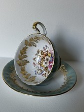 Aynsley England Tea Cup and Saucer Turquoise with Flowers on Base and Gold Trim 