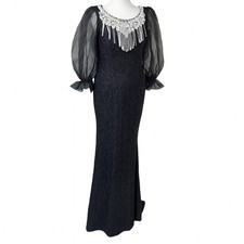 Vintage 1970s Black Lace Evening Gown Puff Sleeve Maxi Dress Handmade uk 12