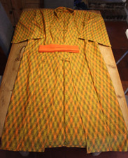 Authentic Japanese Kimono Orange & greens Pattern 159cm length  124cm chest