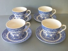 English Ironstone Old Willow - 4 Tea Cups & Saucers - Blue Unused