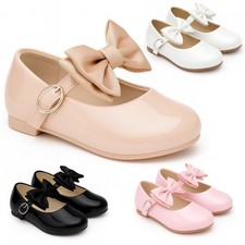 Girls Mary Jane Shoes Bows Spanish Style Faux Leather White Camel Pink Buckle UK
