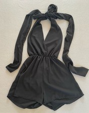 BOOHOO PLAYSUIT SZ SMALL PETITE BLACK WOMENS TIE NECK BACKLESS EVENING