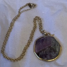 Jaeger Chunky 2 Inch Amethyst  Pendant On 26 Inch GoldTone Chain