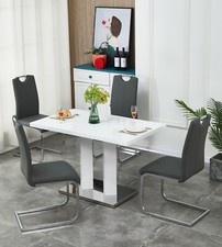 Dining Table Set White High Gloss 4 Seater Rectangular and 4 Faux Leather Chairs