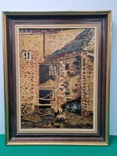 Framed Vintage Folk Art Pigsty Oil on Canvas Painting Signed by Artist Agrell