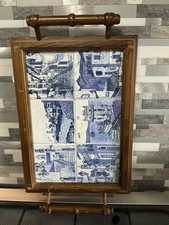 Large Vintage Butlers Wooden Serving Tray with Inlaid Tiles Shabby Prop