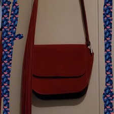 Red Sude Leather Mango Shoulder Bag With Fringe Detal At One Side