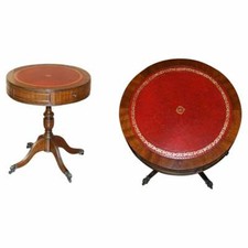 REGENCY STYLE MAHOGANY OXBLOOD LEATHER SIDE END LAMP WINE DRUM TABLE DRAWERS