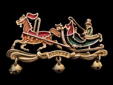 Vintage Hermes Gold Tone, Enamel Horse Drawn Carriage Sled Christmas Pin Brooch