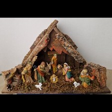 Vtg Made In Italy Christmas Decoration Nativity Wooden Manger Depose Figures