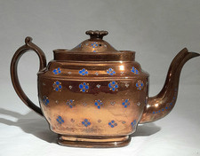 Anique Staffordshire Copper Lustre Oblong Shaped Hand Painted Tea Pot Circa 1830