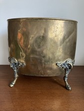 Vintage brass planter Ornate Ram Head Feet Log Coal Bin Oval Shade