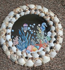 NEW! DECORATIVE SHELL MIRROR WITH SEAHORSE, FISH.  8.5"