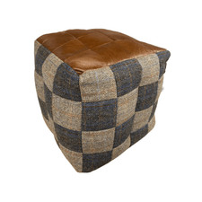 Harris Tweed Patchwork Wool & Leather Square Bean Bag Footstool Cube Pouffe
