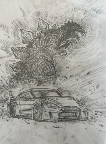 Kaiju car original 11x14 - kaiju,
