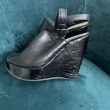 Topshop Size 4 Black Leather Peep Toe Platform Wedge Heel
