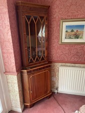 Yew Wood Veneer Floor Corner Display Cabinet with Glazed Door