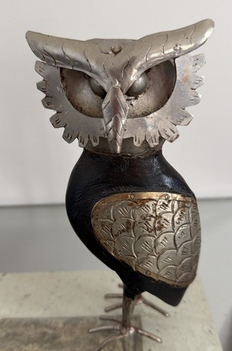 Metal and wood owl sculpture - metal,