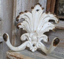 New French Vintage Shabby Chic Cast IRON CREAM Rustic Wall 2 Coat HOOKS Rack