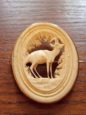 Antique Victorian Oval Deer Carved Brass Mounted Brooch With A Pendant Ring.