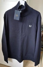 MEDIUM FRED PERRY Navy 1/4 Zip SWEATSHIRT Top EMBROIDERED LOGO High Neck