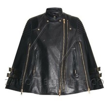 Women Black Lambskin Moto Cape