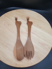 Vintage Salad Servers Handmade Wooden African Gazelle Antelope Kenya Besmo