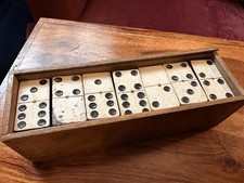 Antique Wooden Dominoes Set 28 Pieces Inlaid Pips No Lid Early Game Vintage