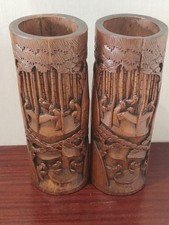 Matching Pair of Antique Chinese Carved Bamboo Brush Pots 13 inches high 
