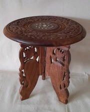 Vintage Indian Wood Hand Carved 3-Legged Foldable Table Plant Stand Inlaid 