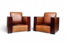 PAIR OF ART DECO ARMCHAIRS WALNUT AND TAN LEATHER SUPERIOR QUALITY C1930s