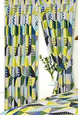 GEOMETRIC 66 x 72 LIME GREEN BLUE YELLOW READY MADE PENCIL PLEAT CURTAINS MULTI