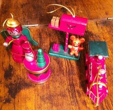 4 Vintage Miniature Wood Christmas Tree Ornaments Angel Train Drum Teddy Bears