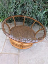 Vintage Bamboo Wicker & Rattan Glass Top Round Coffee Table Mid Century. DELIVER