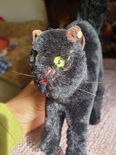 STEIFF Vintage Black Mohair Tom Cat  1950 ear button. 14cm 7314