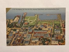 1947 Linen Postcard Fort Myers from the Air Yacht Basin Caloosahatchee River FL