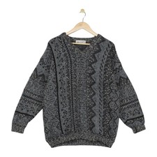 Vintage Jumper Mens Size M Grey Patterned Alpaca Wool Blend Pullover