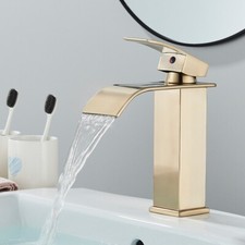 Brushed Gold Waterfall Bathroom Basin Sink Mixer Tap Monobloc Single Lever Taps
