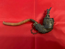 Antique French Pottery Bowl with Metalwork Cover & Wood Stem Tobacco Pipe