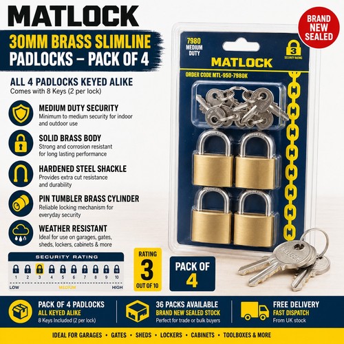 Matlock 30mm brass padlocks - brass,