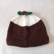 Christmas Pudding Hat Age 3-6 Months Hand Knitted Brwn & Crm