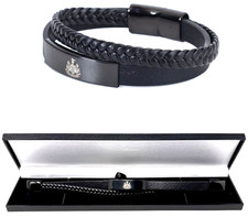 NEWCASTLE UNITED FC BLACK IP LEATHER BRACELET NUFC CREST PLATE TWIN GIFT BOXED