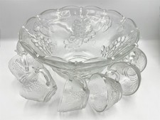 Vintage 70s Glass Punch Bowl Set With 12 Glass Cups & 12 Hanger Clips