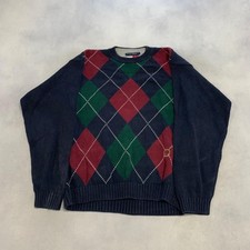 Vintage Tommy Hilfiger Knitted Jumper Argyle Patterned Pullover Chunky Knit