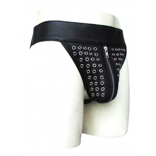 Black leather jockstrap - leather, zipper