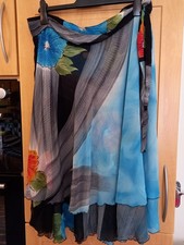 Michal Blue/Black 80% Silk Floral Boho Sparkly Lightweight Tie Wrap Skirt Size M