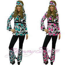 60s Fancy Dress Women Hippy Costume 70s Hippie Disco Gogo Retro Powers Size 6-18