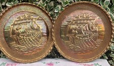Pair Convex Embossed Brass Round Wall Plates Plaque Galleon Ship VTG 8.25" READ