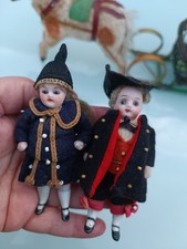 Two 3 1/2" ( 9 cm)  Antique Miniature Mignonette All Bisque Dolls Sleigh. Horse