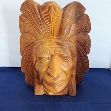 Carved Wooden Native American Indian Chief Hanging Mask Plaque Wall Art Vintage
